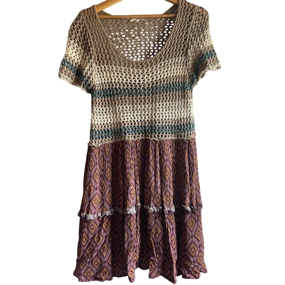 EASEL Crocheted Boho Chic Mini Dress Mixed Fabric Ladies Medium Hippie Granola